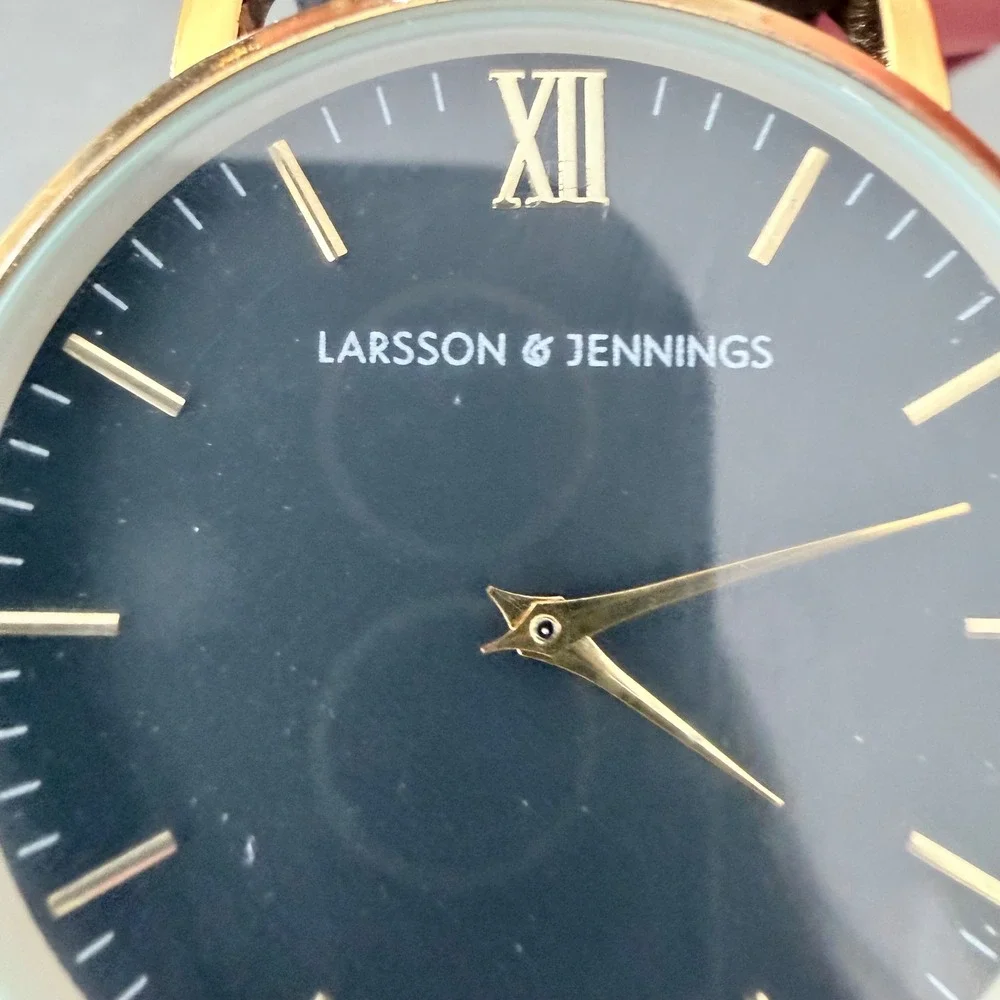 Larsson & Jennings Swiss Made Gold Black Leather Watch 5ATM needs battery